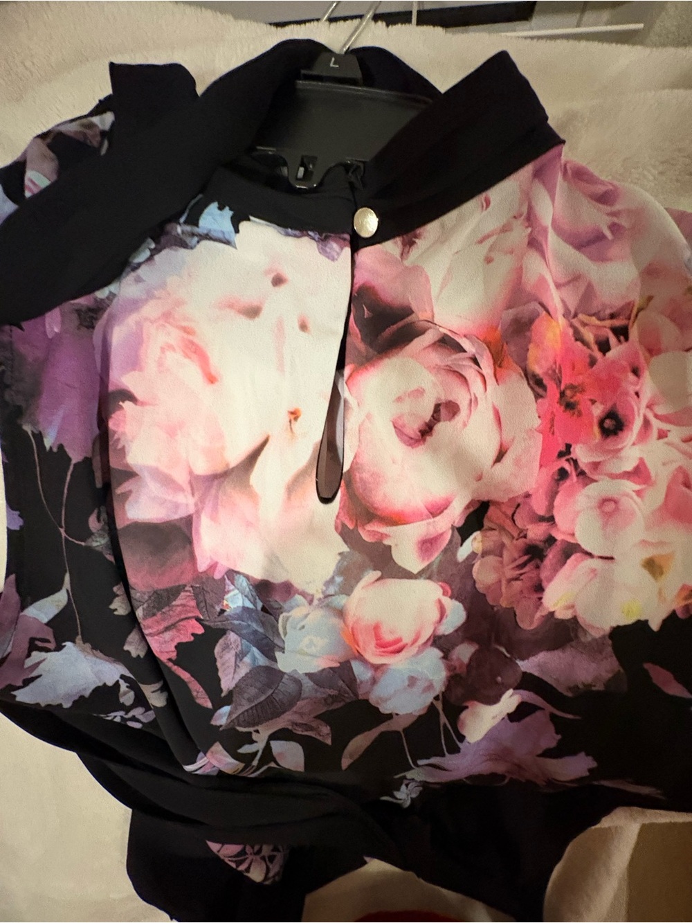 New York & Company Black Halter Top with tie bow with Pink and Blue Floral Print - Picture 7 of 7